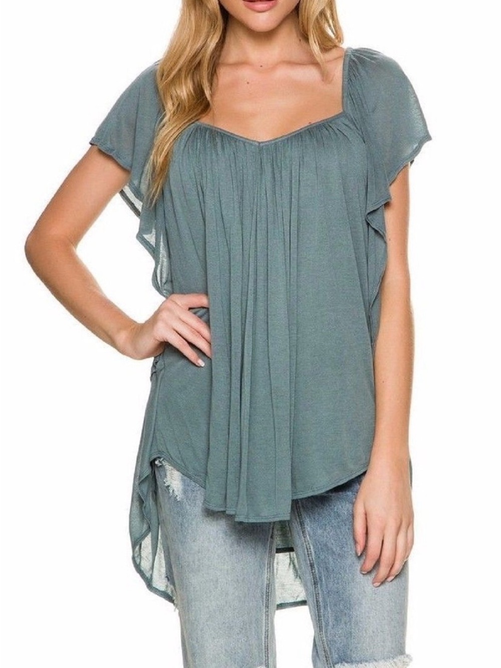 Free People Flowy Sage Green Women's Flutter Sleeve Blouse (S)